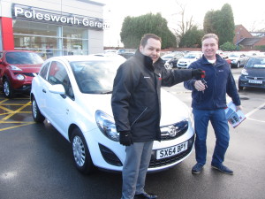 Polesworth Garage can supply any Make or Model of vehicle, here we see Mr Paul Chadwick Jones collecting his new Vauxhall Corsa Ecoflex from Our Sales Manager Steve Sadler.