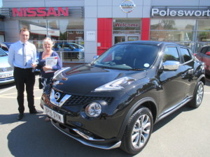 Returning Customer Susan Thompson taking delivery of her New Nissan Juke With Chrome Accessory Pack From Our Sales Executive Phil Tierney