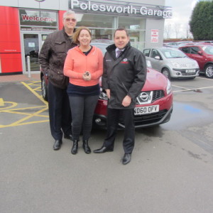 Mrs Felicity Cawthra and her father travelled all the way from Oxfordshire to purhcase her New Nissan Qashqai from Polesworth Garage, Here we see our Sales Manager Steve Sadler handing the vehicle over