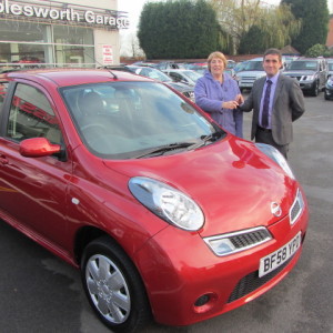Mrs Glenys Caldicott collecting her Nissan Micra from our Sales Executive Mark Bolton