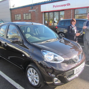 Bev Jukes of Tamworth Vision Plus collecting her new Nissan Micra from our Sales Executive Liam McEntee