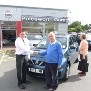 Mr Hare collecting his new Nissan Micra from our Sales Manager Steve Sadler