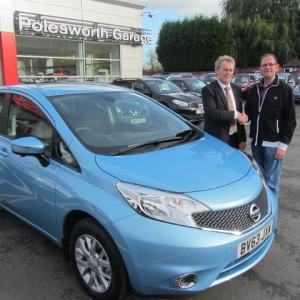 Mr Willars collecting his new Nissan Note Acenta from our Sales Executive Paul Tomson, the first Sonic Blue one we have sold.