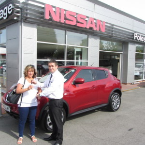 Mrs Hallam collecting her new Nissan Juke from our Sales Executive Mark Bolton