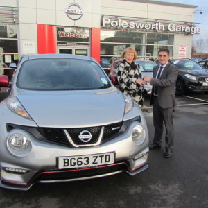 One of our previous customers Mrs Dodds collecting her Brand New Juke Nismo from our Sales Executive Mark Bolton,