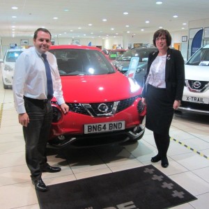 Returning Customer Mrs Joanne Brundell Carty collecting her new Nissan Juke from Our Sales Manager Steve Sadler