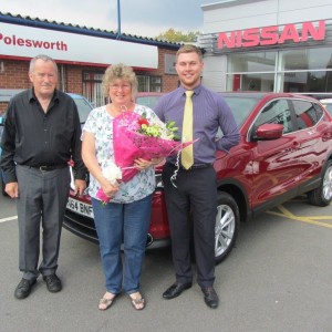 Returning customers Mr & Mrs Nightingale collecting their Brand New Nissan Qashqai from Our Senior Sales Executive Liam McEntee
