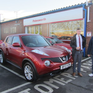 Local Customer Mr Smith collecting his new Nissan Juke from our Sales Executive Adam Hickinbottom
