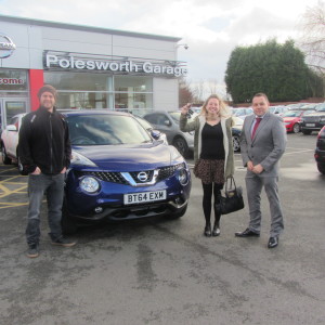 Melissa Greening and Will Gough collecting Melissas Dream Car the  Nissan Juke from Our Sales Manager Steve Sadler,