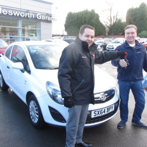 Polesworth Garage can supply any Make or Model of vehicle, here we see Mr Paul Chadwick Jones collecting his new Vauxhall Corsa Ecoflex from Our Sales Manager Steve Sadler.