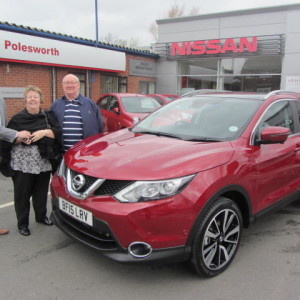 Mr Ryland Vaughan and Mrs Carol Vaughan collecting their New Nissan Qashqai from Our Sales Manager Steve Sadler