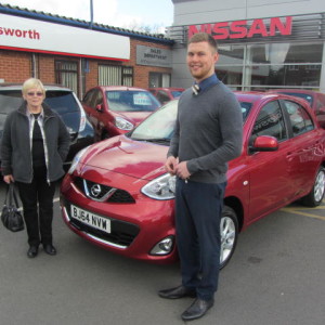 Mrs Margaret Latham Collecting her New Nissan Micra From Our Sales Executive Liam McEntee
