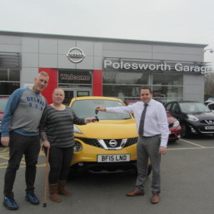 Ms Emma Hudson collecting her New Sun Yellow Nissan Juke From Our Sales Manager Steve Sadler